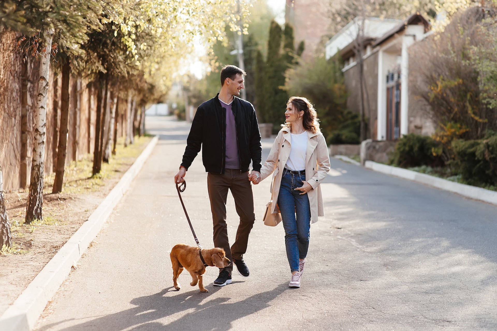 Young couple walking dog on treelined street